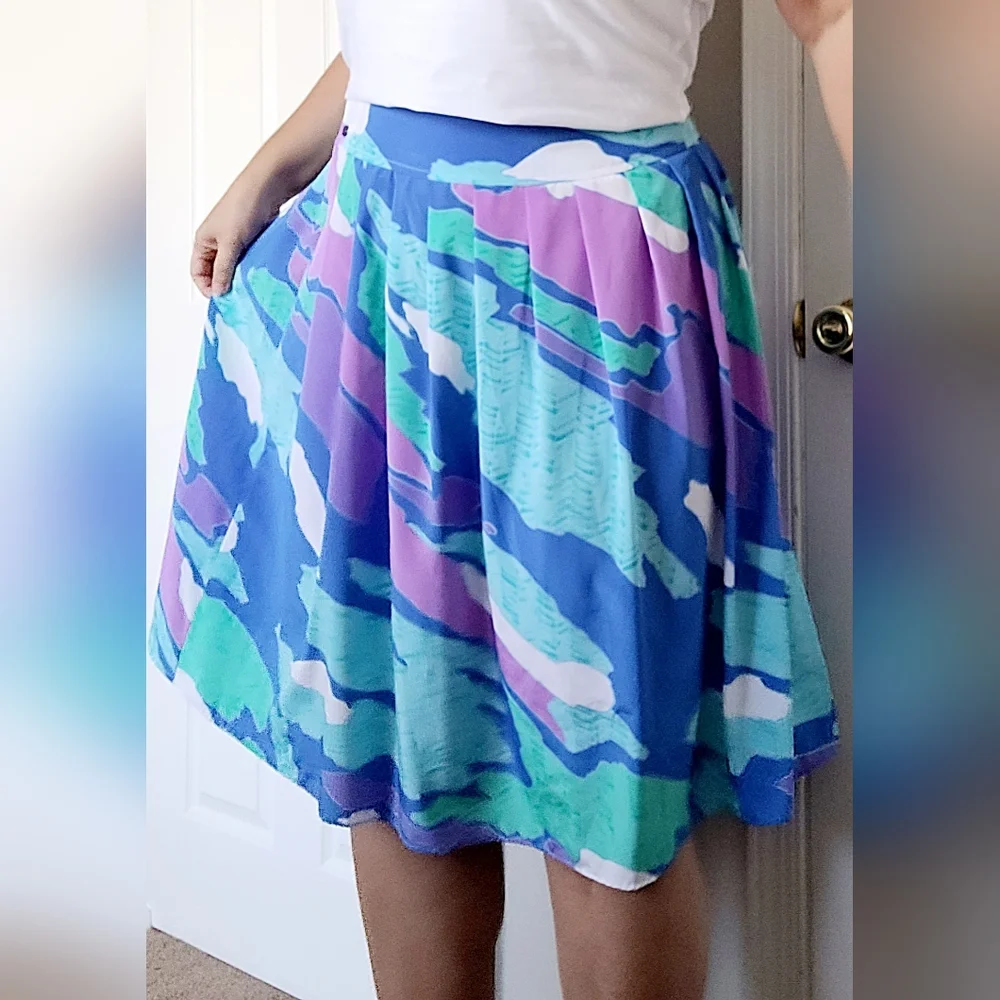 Malia Women's Flowy Skirt Colorful Aqua Watercolor Silky Polyester Buttons 8 - Picture 5 of 12